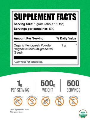 BulkSupplements.com Organic Fenugreek Powder - from Fenugreek Seeds, Trigonella foenum-graecum, Fenugreek Supplement - Gluten Free, 1000mg per Serving, 500g (1.1 lbs) (Pack of 1)