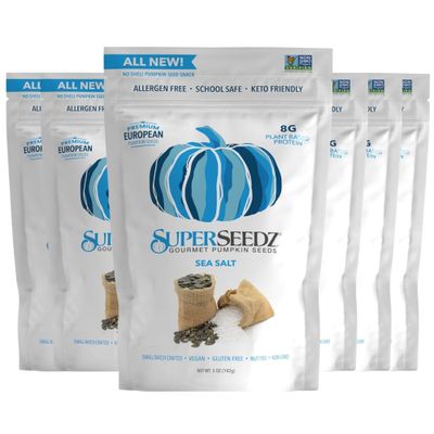 SuperSeedz Dry Roasted Pumpkin Seeds - Sea Salt Pepitas, Whole 30, Paleo, Vegan &amp; Keto Snacks, 8g Plant Based Protein, Produced In USA, Dairy Free, Nut Free, Gluten Free Snack (5oz, 6-pack)