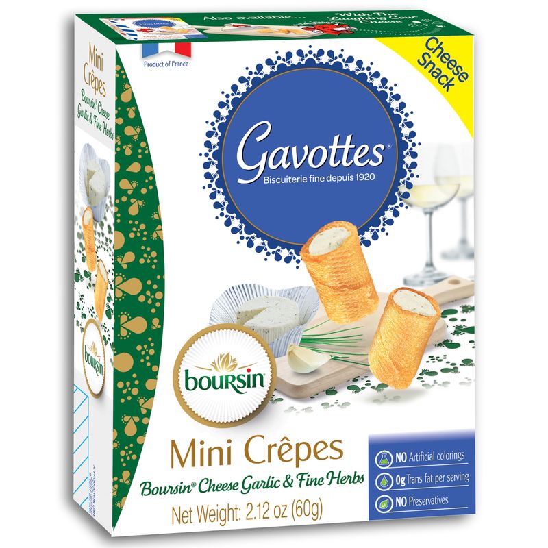 Gavottes French Boursin Cheese Filled Mini Crispy Crepes | Crepe Crackers with Boursin Garlic &amp; Herb Cheese Filling | Gavottes Ready to Eat Crispy Crepes Snack From France (1 Pack of 2.12oz/60g)
