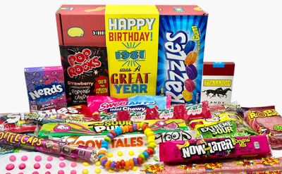 RETRO CANDY YUM ~ 1981 43rd Birthday Decade 80s Candy Gift Basket Box Assortment From Childhood - Milestone Birthday Gifts for 43 Years Old Man or Woman Jr