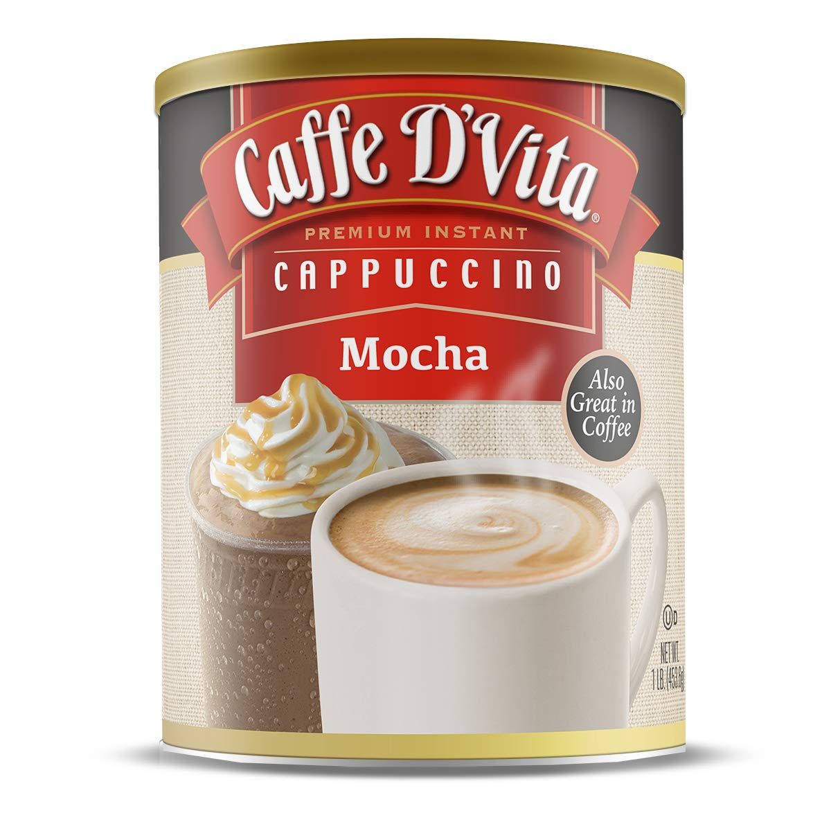 Caffe DVita Mocha Cappuccino Mix - Mocha Powder Mix, Instant Cappuccino Mix, Gluten Free, No Cholesterol, No Hydrogenated Oils, No Trans Fat, 99% Caffeine Free, Mocha Mix - 16 Oz Can, 6-Pack