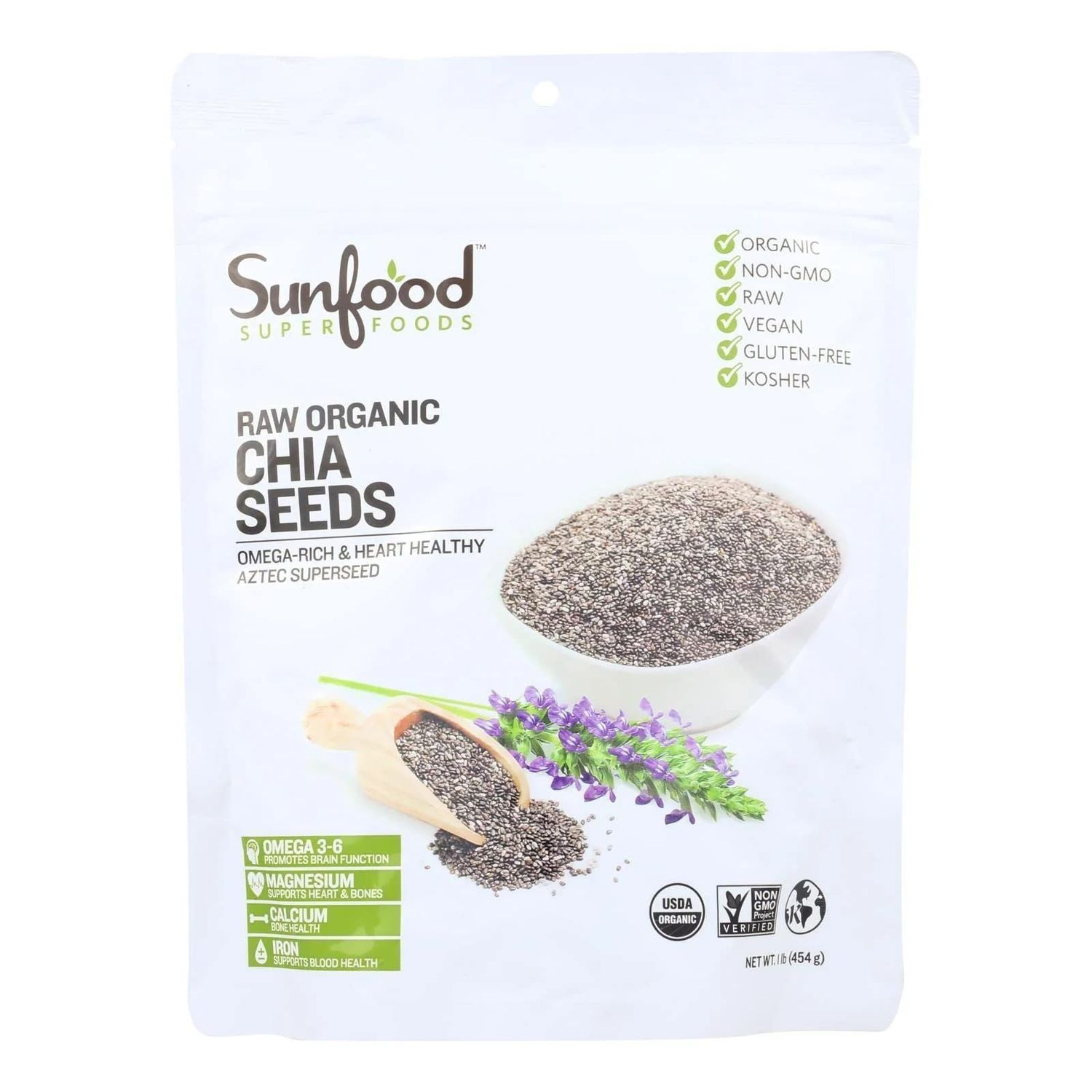 Sunfood Superfoods Chia Seeds - Raw, Organic, Whole - Omega Rich &amp; Heart Healthy Keto Super-Seed - Great for Weight-Loss - Non-GMO - Enjoy As-Is or Ground in Smoothies - Bulk 1 lb Bag