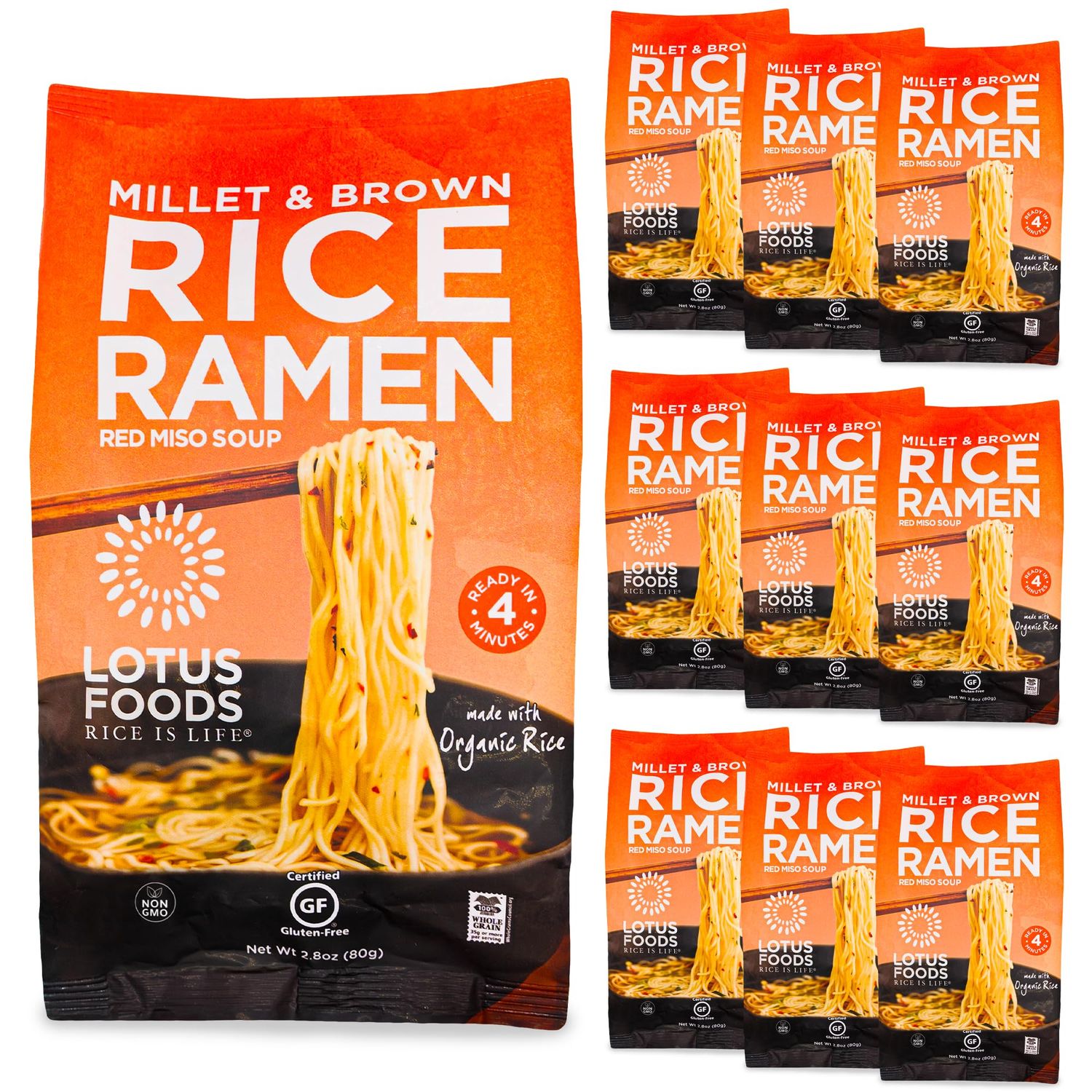 Lotus Foods Organic Millet &amp; Brown Rice Ramen with Miso Soup - Gluten Free Ramen Noodles, Vegan Ramen Noodles with Millet Flour &amp; Brown Rice Flour, Whole Grain GF Ramen - 2.8 Oz Bags (Pack of 10)