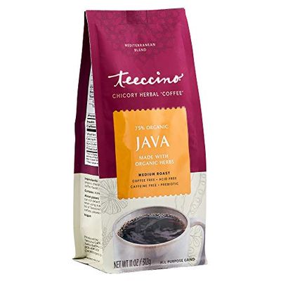 Teeccino Java Chicory Coffee Alternative - Ground Herbal Coffee Thats Prebiotic, Caffeine Free &amp; Acid Free, Medium Roast, 11 Ounce