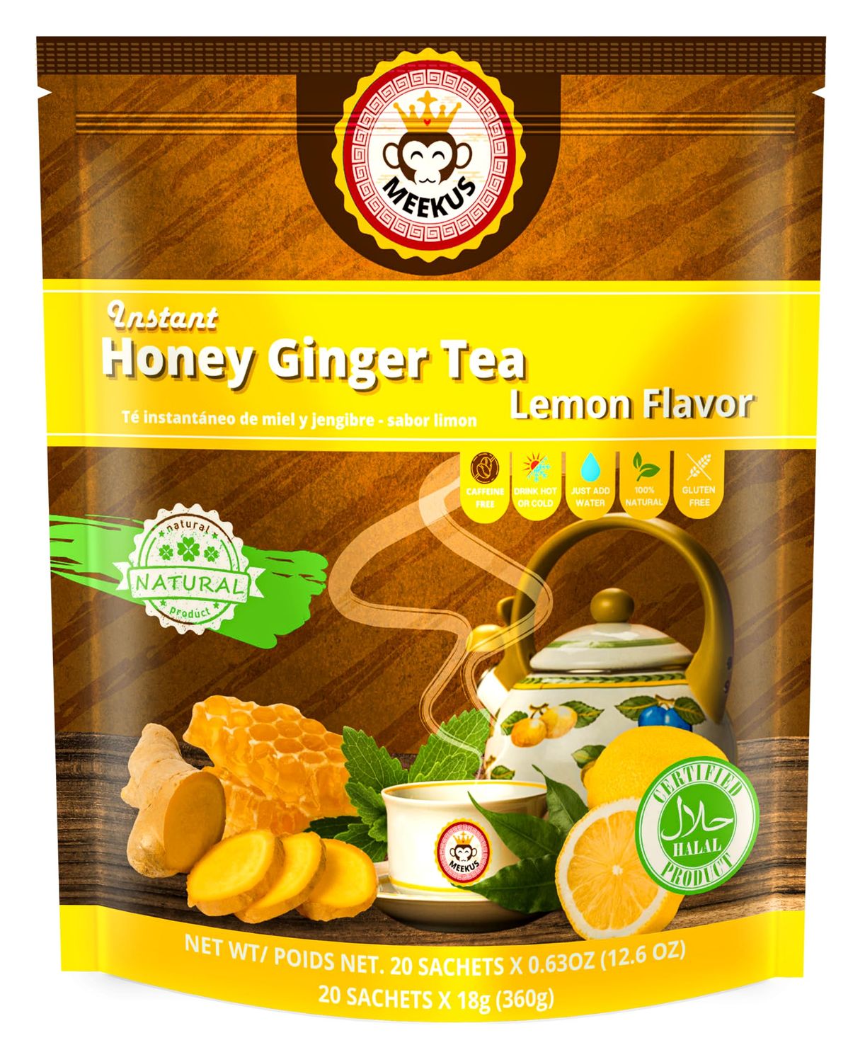 Meekus Ginger Tea with Honey: Premium Ginger Tea Bags &amp; Honey Ginger Crystals - Instant Honey Ginger Tea Packets for Soothing Drink, 18g x 20 Sachets (Lemon, 1 Pack)
