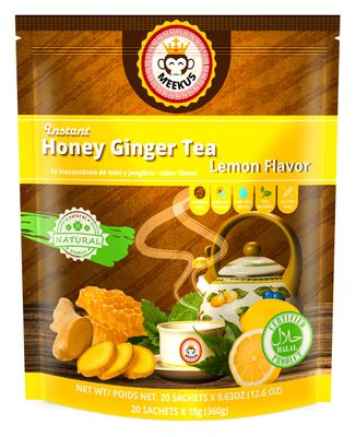 Meekus Ginger Tea with Honey: Premium Ginger Tea Bags &amp; Honey Ginger Crystals - Instant Honey Ginger Tea Packets for Soothing Drink, 18g x 20 Sachets (Lemon, 1 Pack)