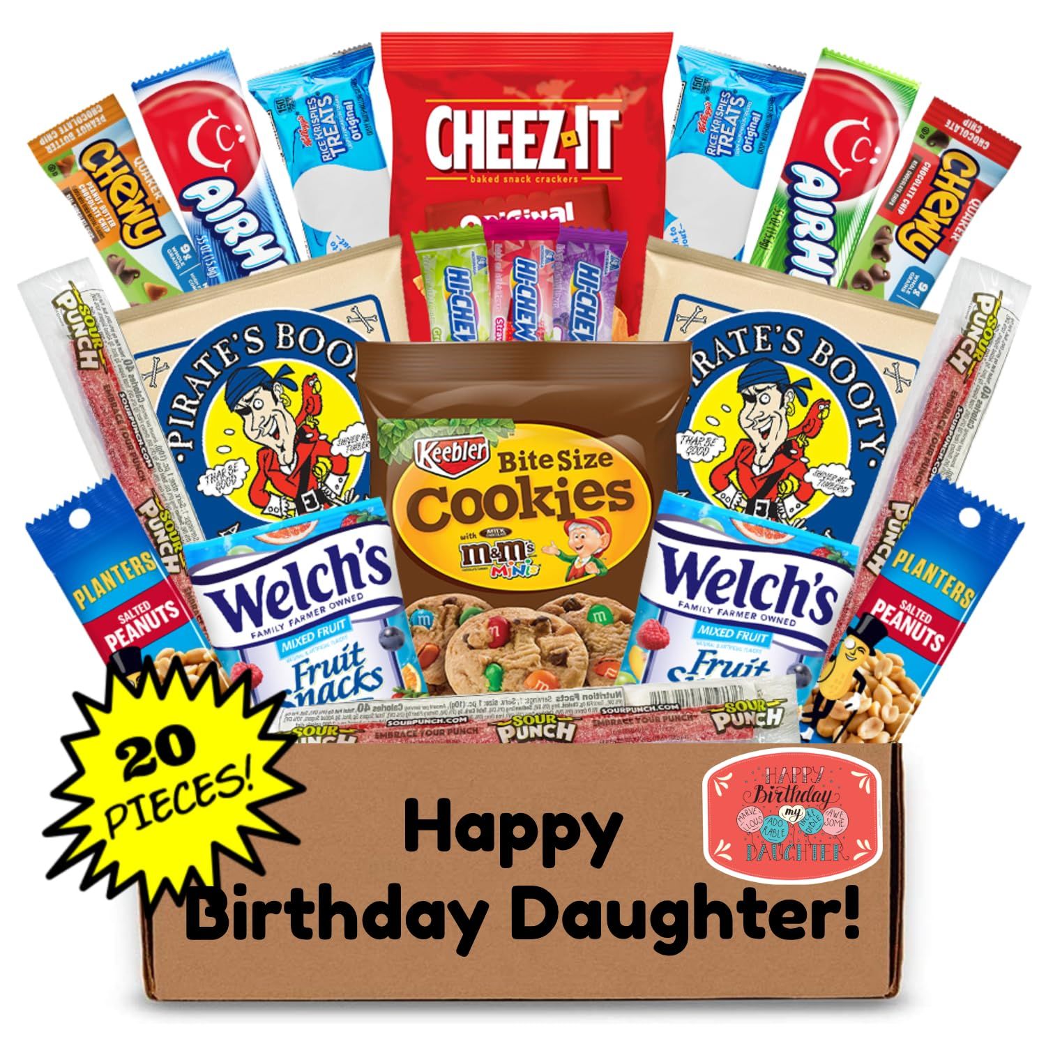 Hangry Kit Birthday Snack Box for Your Daughter - (20 count) Happy Birthday Gift Basket Care Package - Contains Birthday Snacks, Cookies, Chips, Candy. Party Variety Gift Box. (Daughter)