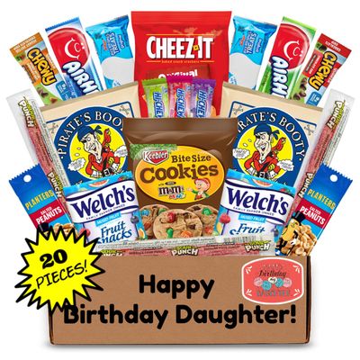 Hangry Kit Birthday Snack Box for Your Daughter - (20 count) Happy Birthday Gift Basket Care Package - Contains Birthday Snacks, Cookies, Chips, Candy. Party Variety Gift Box. (Daughter)