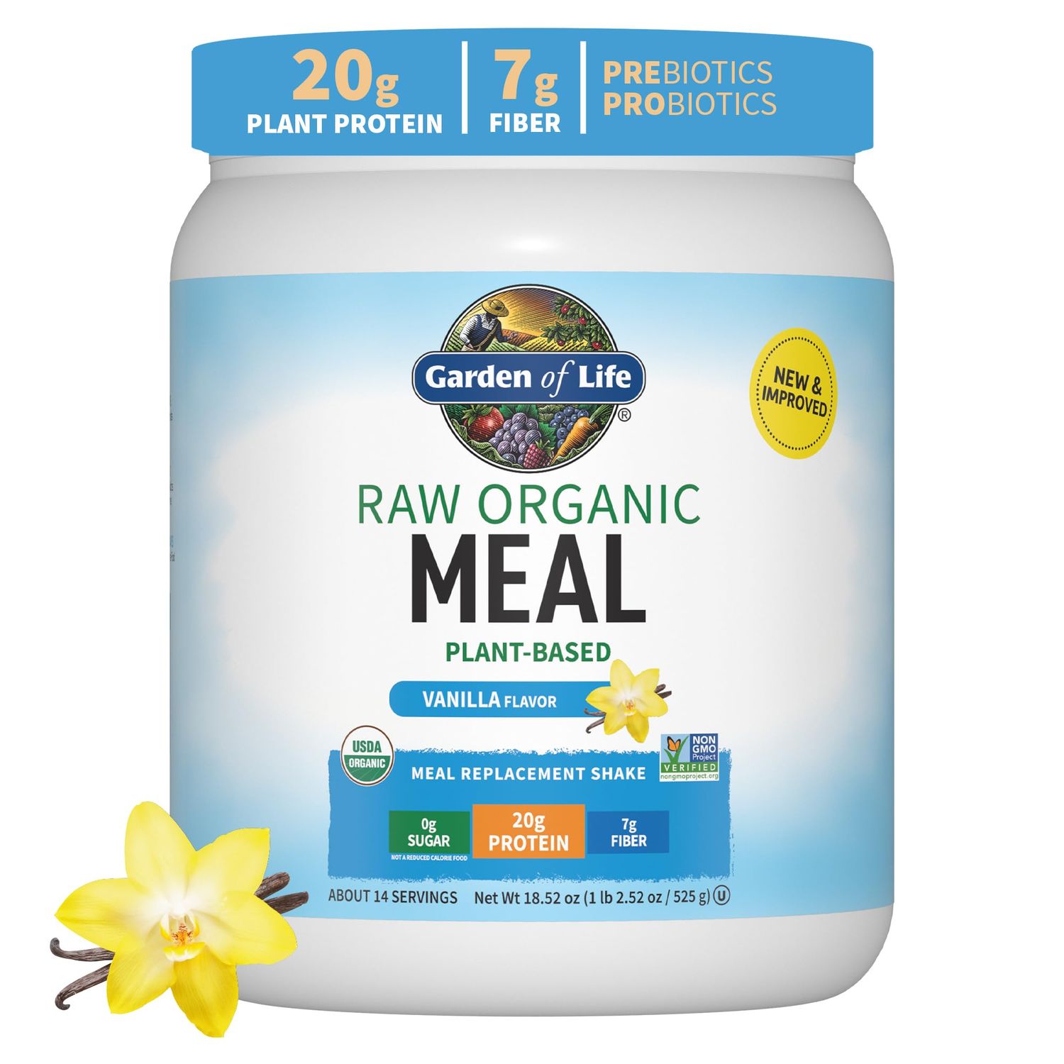 Garden of Life Meal Replacement Shakes, Vegan Protein Powder, Raw Organic Protein Powder, Vanilla Protein Powder with Plant Based Pea Protein, Sprouts, Greens, Probiotics, Dairy Free 14 Servings