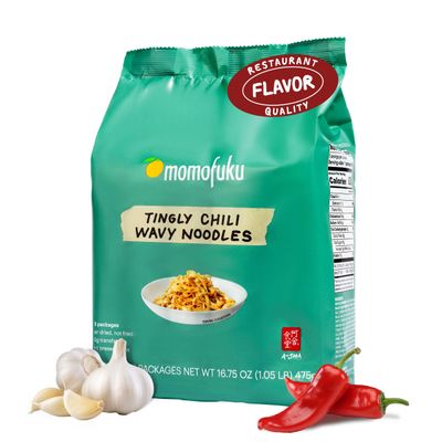 Momofuku Tingly Chili Ramen Noodles by David Chang, 5 Count (Pack of 1) Air-Dried Vegan Instant Noodles with Sauce