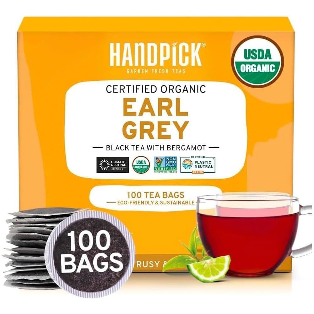 HANDPICK, Organic Earl Grey Black Tea Bags (100 Count) Double Bergamot Oil | Caffeinated, USDA Organic Earl Grey Tea Bags | Flavoured With Citrus and Bergamot Brew Hot/Iced Tea with or without milk