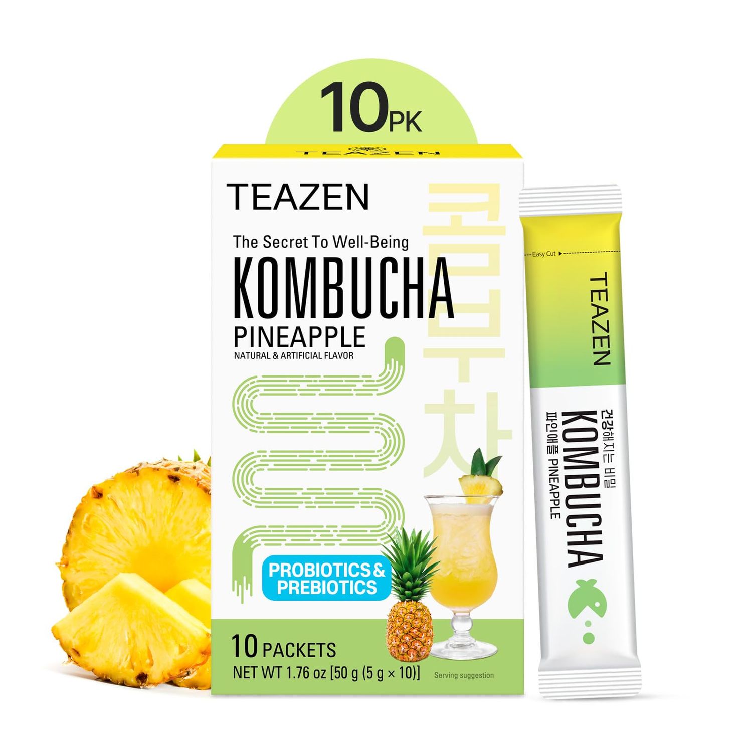 TEAZEN Pineapple Kombucha Tea, Hydration Drink Mix, Sugar Free, Live Probiotics &amp; Prebiotics, 10 Sticks, 1.76oz