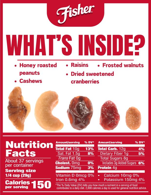 Fisher Snack Sweet Nut Trail Mix, 38 Ounces, Honey Roasted Peanuts, Raisins, Frosted Walnuts, Cashews, Dried Sweetened Cranberries