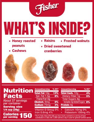 Fisher Snack Sweet Nut Trail Mix, 38 Ounces, Honey Roasted Peanuts, Raisins, Frosted Walnuts, Cashews, Dried Sweetened Cranberries