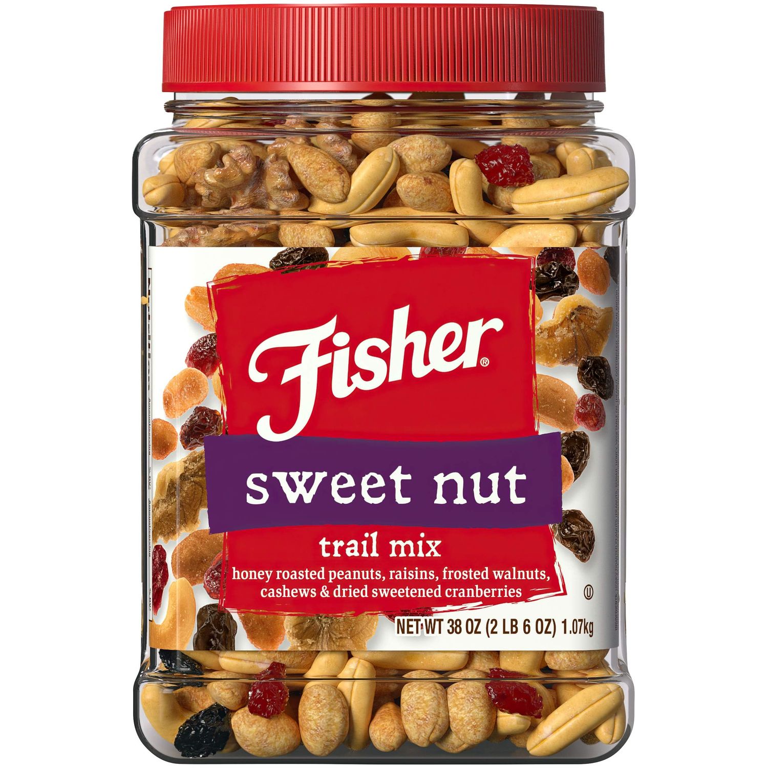 Fisher Snack Sweet Nut Trail Mix, 38 Ounces, Honey Roasted Peanuts, Raisins, Frosted Walnuts, Cashews, Dried Sweetened Cranberries