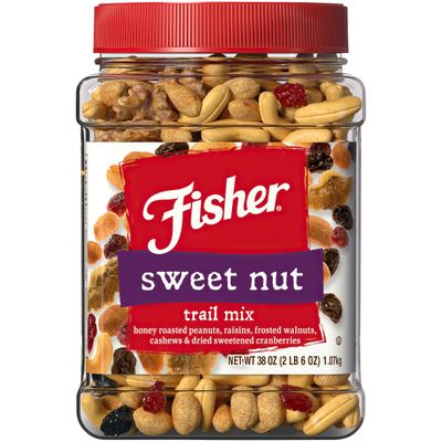 Fisher Snack Sweet Nut Trail Mix, 38 Ounces, Honey Roasted Peanuts, Raisins, Frosted Walnuts, Cashews, Dried Sweetened Cranberries