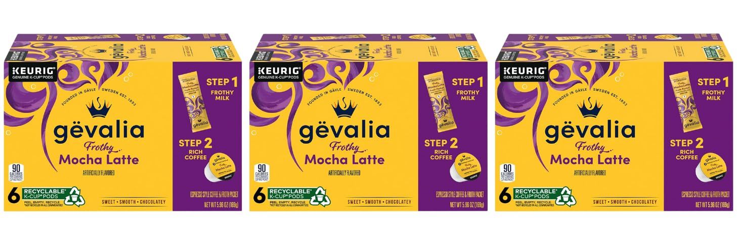 Gevalia, 2-Step K-Cup &amp; Froth Packets, 6 Count, 5.6oz Box (Pack of 3) (Mocha Latte).