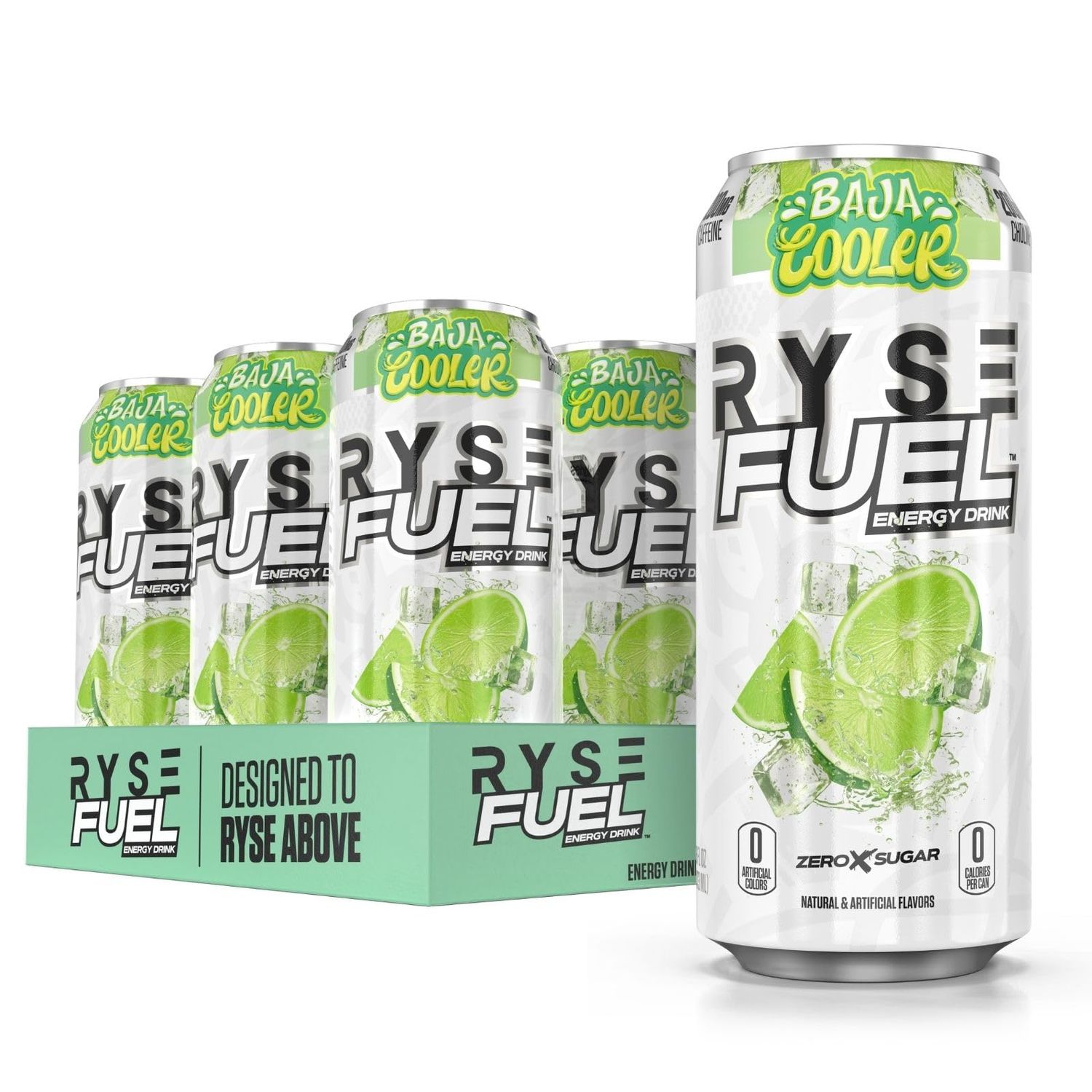 RYSE Fuel Sugar Free Energy Drink | Vegan Friendly, Gluten Free | No Fillers &amp; No Artificial Colors | 0 Calories | 200mg Natural Caffeine | 12 Pack (Baja Cooler)