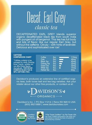 Davidson's Organics, Decaffeinated Earl Grey, 8-count Tea Bags, Pack of 12