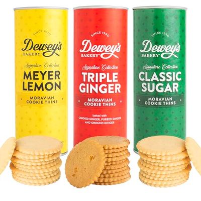 Moravian Cookie Gift Tube Collection by Dewey&#39;s Bakery | Classic Sugar, Tripple Ginger &amp; Meyer Lemon Moravian Cookie Thins | Gift Basket, Bakery Gifts, Graduation | (Pack of 3)
