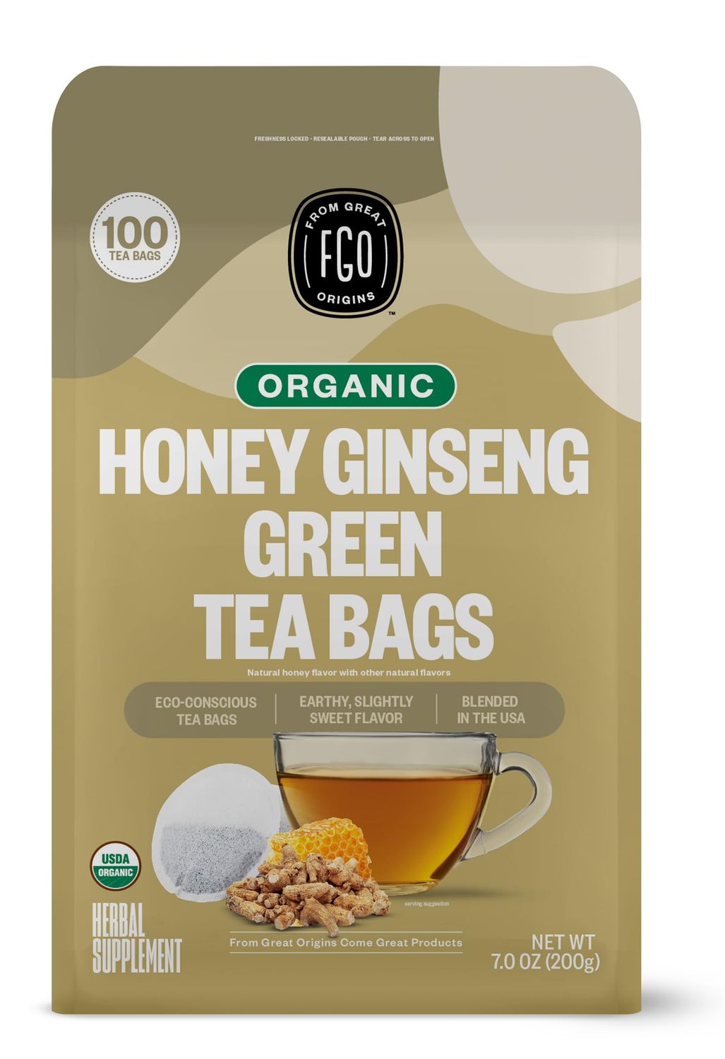 FGO Organic Honey Ginseng Green Tea, Eco-Conscious Tea Bags, 100 Count, Packaging May Vary (Pack of 1)