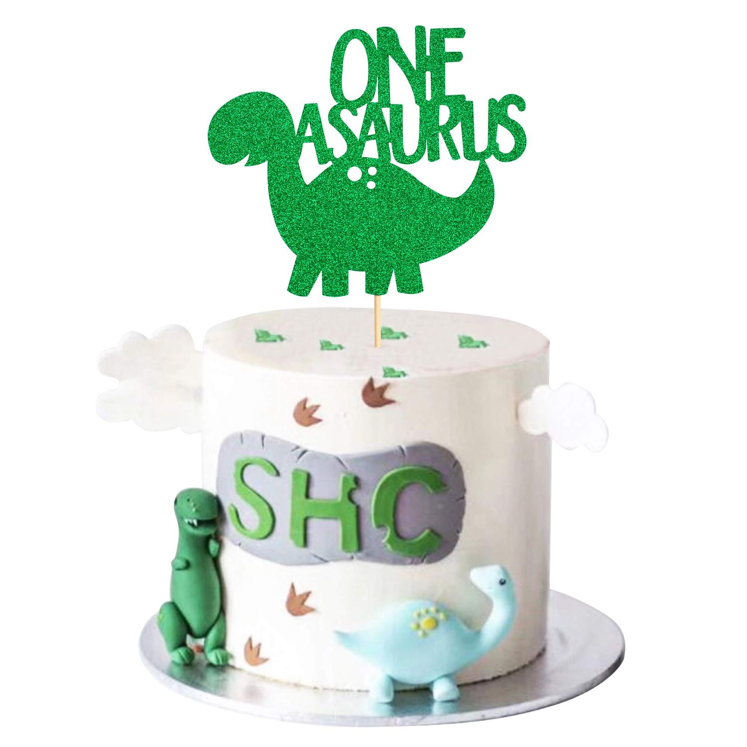 Unimall Dinosaur One Cake Topper Green Glitter First Birthday Cake Picks Cake Decoration for 1st Baby Boy Birthday Party Supply Decoration