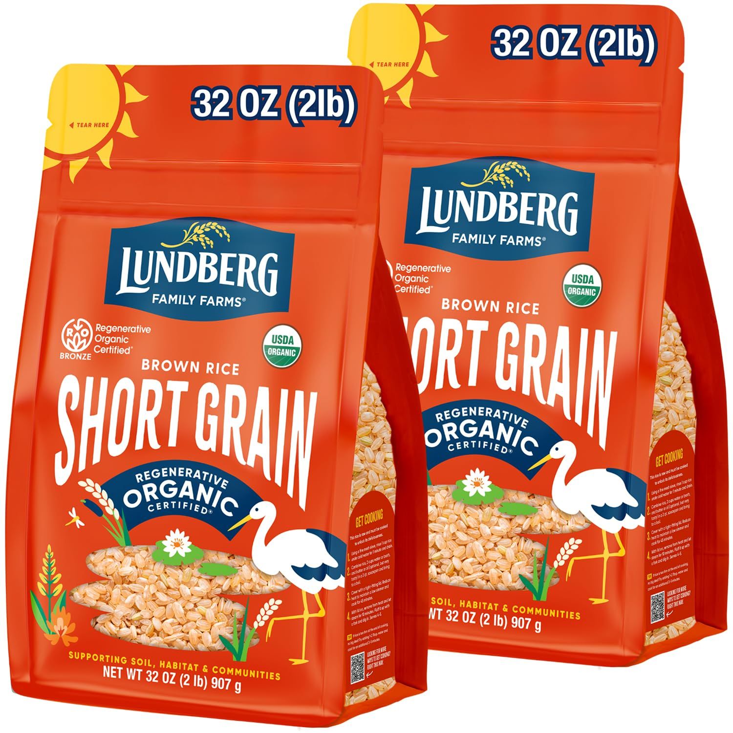 Lundberg Short Grain Brown Rice, Regenerative Organic Certified, 2-Pack - Slightly Nutty, Sticky Rice Responsibly Grown in California, 32 Oz Ea