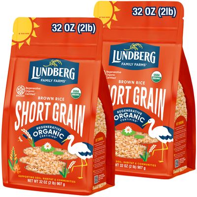 Lundberg Short Grain Brown Rice, Regenerative Organic Certified, 2-Pack - Slightly Nutty, Sticky Rice Responsibly Grown in California, 32 Oz Ea