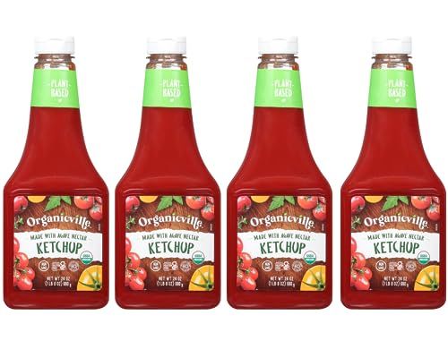 Organicville Organic Ketchup - Tomato Ketchup, Gluten Free, Non-GMO, Vegan, USDA Organic, Made with Agave Nectar, Plant-Based Ketchup, Squeeze Bottle - 24 Oz, 4-Pack