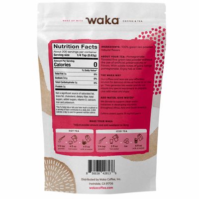Waka Instant Green Tea Mix, Pomegranate Flavored - 100% Tea Leaves, No Additives, Unsweetened Tea Powder in Bulk Pouch - Easy Quick Hot and Iced Teas, Up to 200 Cups (4.5oz)