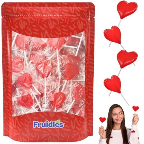 Fruidles Valentine&#39;s Heart Lollipops Candy, Red Heart Shaped Hard Candy Lollipop Suckers, Individually Wrapped, 12g Lollipop (2 Pounds)