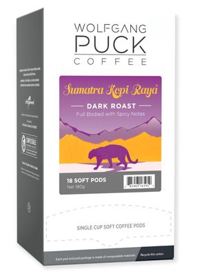 Wolfgang Puck Coffee, Sumatra Kopi Raya, Dark Roast, 9.5 Gram Pods, 18-Count (Pack of 3)