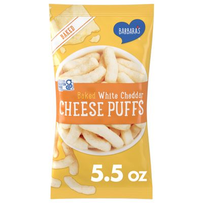 Barbara&#39;s Baked White Cheddar Cheese Puffs, White Cheddar Puffs Kids Snack, Gluten Free Snack, 5.5 OZ Bag