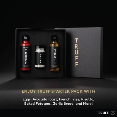 TRUFF Starter Pack, Includes Black Truffle Hot Sauce (6 oz.), Black Truffle Oil (5.6 oz.), and Black Truffle Sea Salt (5.3 oz.), Specialty Seasoning for an Aromatic Flavor Experience (Pack of 3)