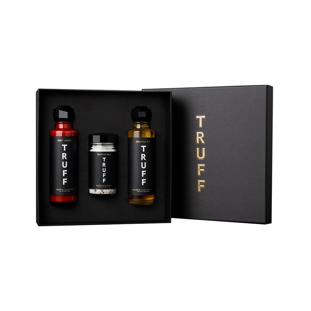 TRUFF Starter Pack, Includes Black Truffle Hot Sauce (6 oz.), Black Truffle Oil (5.6 oz.), and Black Truffle Sea Salt (5.3 oz.), Specialty Seasoning for an Aromatic Flavor Experience (Pack of 3)