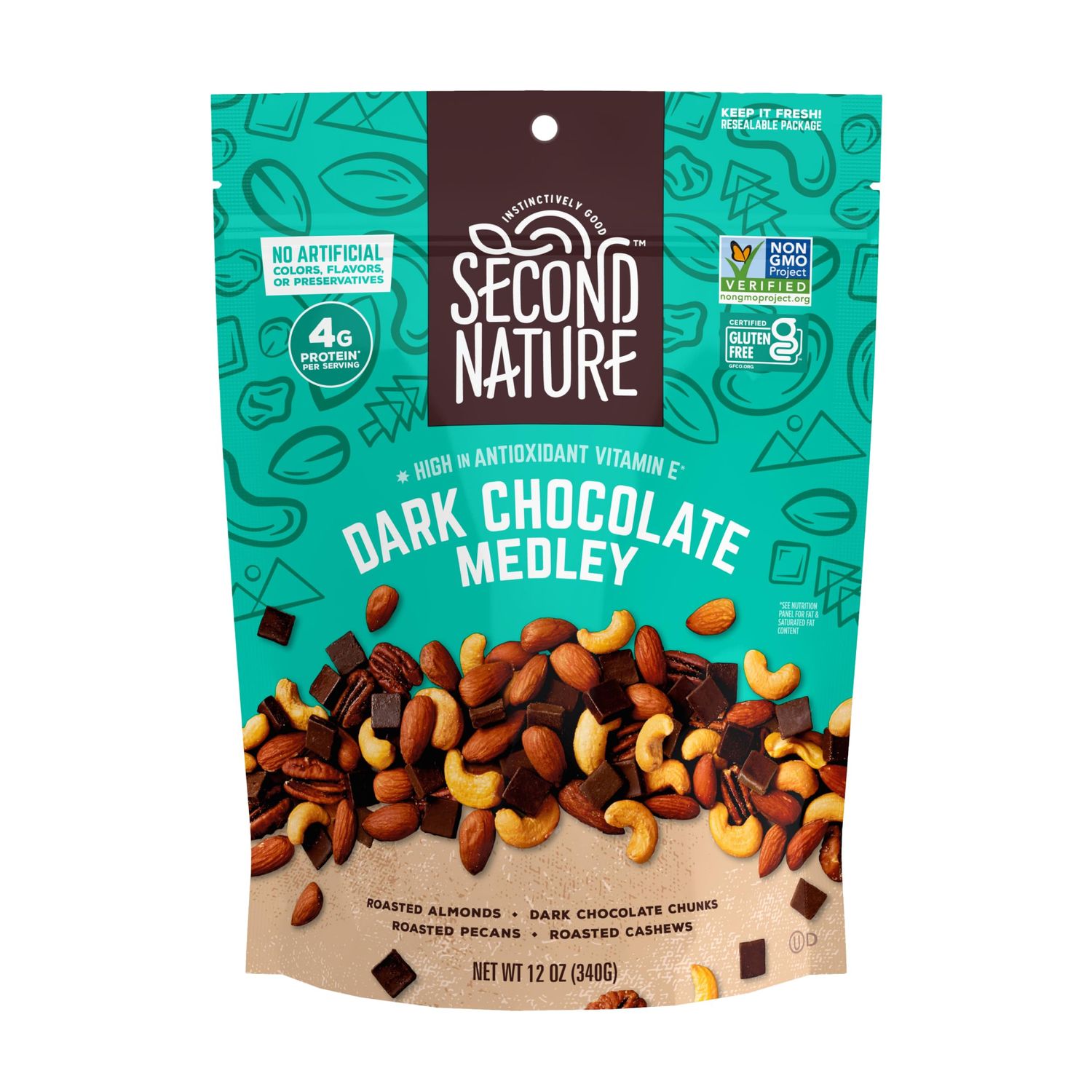 Second Nature Dark Chocolate Medley Trail Mix, 12 oz. Resealable Pouch (Pack of 1) - Certified Gluten-Free Snack - Dark Chocolate and Nut Trail Mix Ideal for Quick Travel Snacks