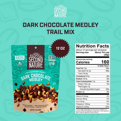 Second Nature Dark Chocolate Medley Trail Mix, 12 oz. Resealable Pouch (Pack of 1) - Certified Gluten-Free Snack - Dark Chocolate and Nut Trail Mix Ideal for Quick Travel Snacks