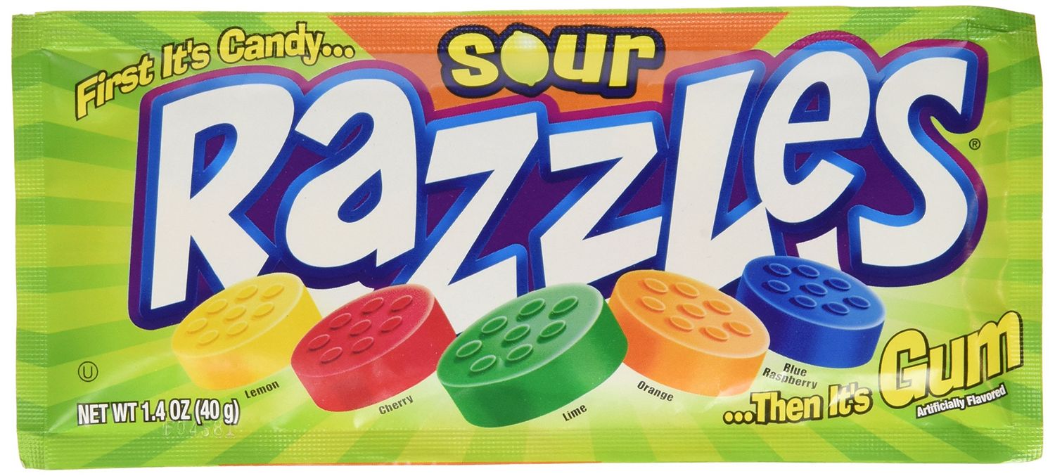 Sour Razzles Candy, 1.4oz Pouches, 24-Count