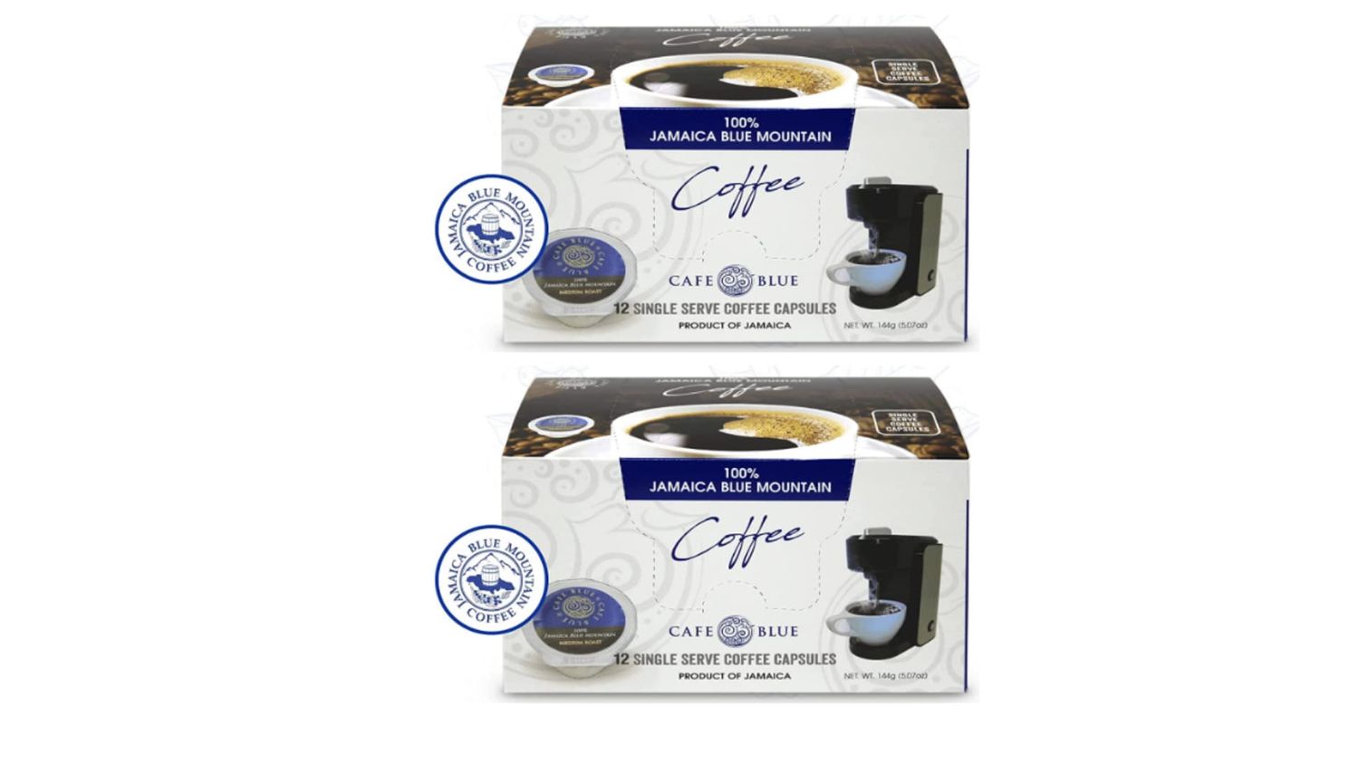 Cafe Blue - 100% Jamaica Blue Mountain Coffee, Premium Arabica Coffee Pods for Hot and Cold Brew, Medium Roast Jamaican Coffee (100% Jamaican Blue Mountain, 12 Count (Pack of 2))