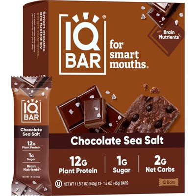 IQBAR Brain and Body Plant Protein Bars - Chocolate Sea Salt - 12 Count, Low Carb, High Fiber, Gluten Free, Vegan Snacks - Low Sugar Keto Energy Bar