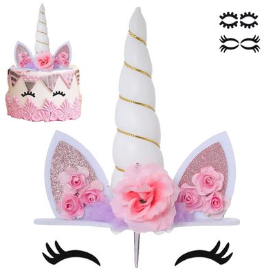 Unicorn Cake Topper Unicorn Birthday Party Supplies Unicorn Birthday Decoration for Girls Unicorn Cake Decoration White Unicorn Horn First Birthday Cake Topper Kit with Eyelashes, 5.8 Inch