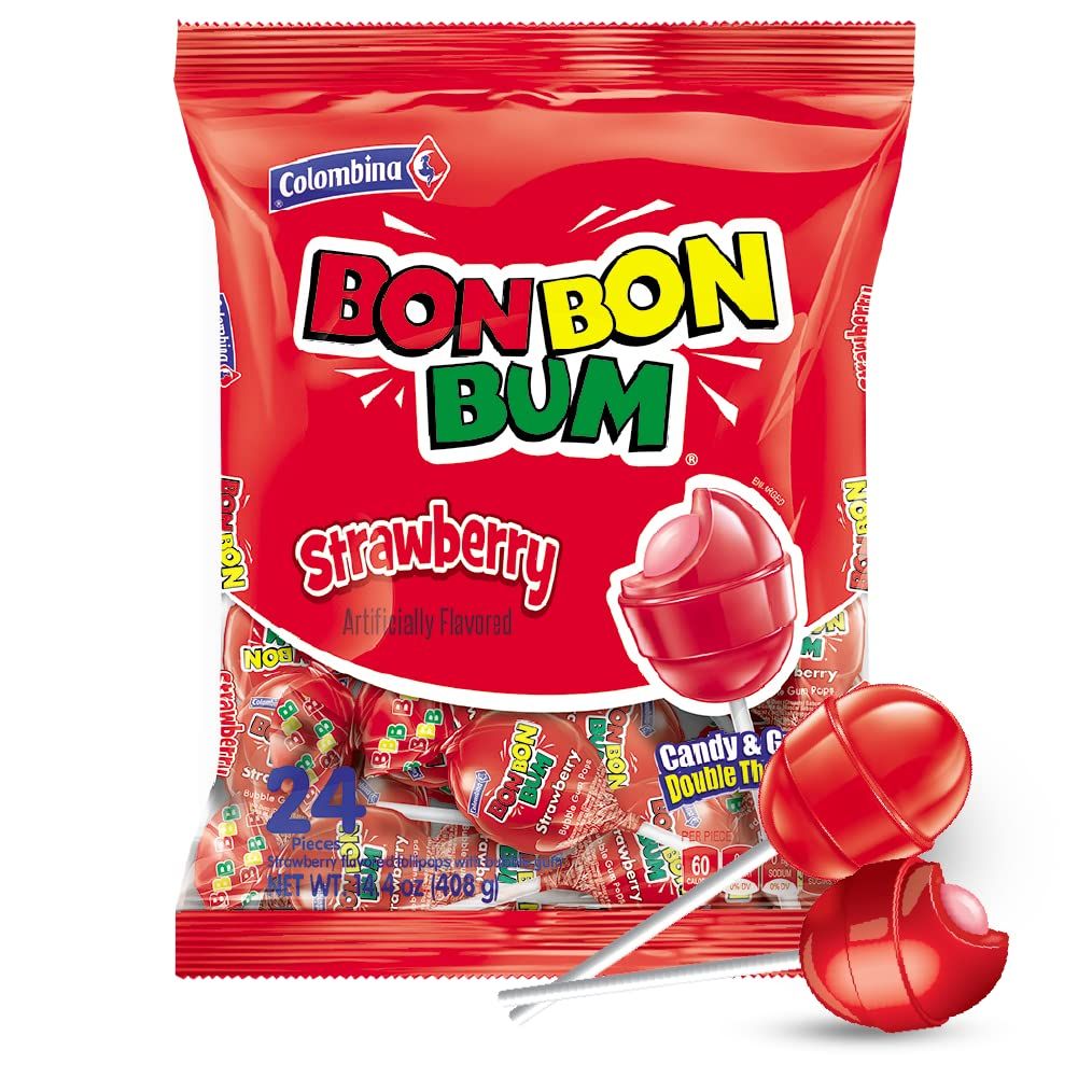 Colombina Bon Bon Bum Lollipops w/Bubble Gum Center - Watermelon Candy Flavor, Pack of Individually 24 Wrapped Gluten Free Pops, Ideal for Party Favors and Gifts, 14.4 oz bag, (24 count) - 1 Pack