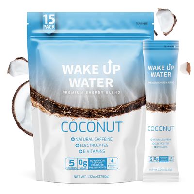Wake Up Water - Energy + Hydration Sugar Free 15 Pack, Coconut Flavor - Energy Drink Powder, Electrolytes Powder Drink, Natural Caffeine Mix Packet, B Vitamins, 5 Calories, Gluten Free - .10 oz (2.9g)