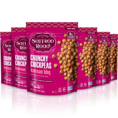 Saffron Road Organic Korean BBQ Crunchy Roasted Chickpea Snacks- 5.4oz 6-pack, Certified Gluten Free by GFCO, Non-GMO, Vegan Dried Crispy Chickpeas with Protein, Fiber