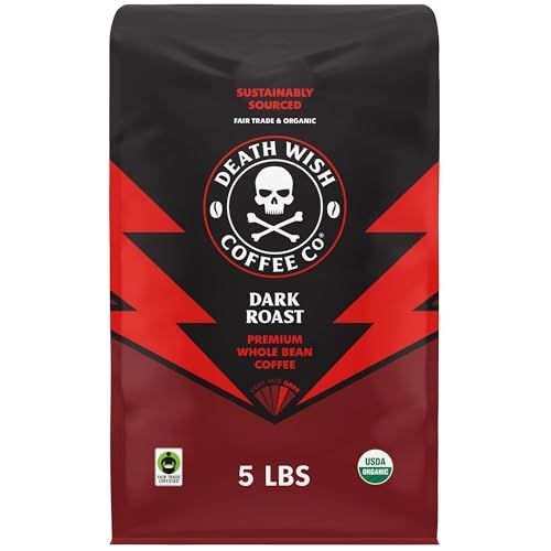 Death Wish Coffee Whole Bean Dark Roast - Extra Kick of Caffeine - USA Organic Coffee Beans - Fair Trade Arabica &amp; Robusta Coffee Beans - Dark Roast Coffee Beans (80 oz.)