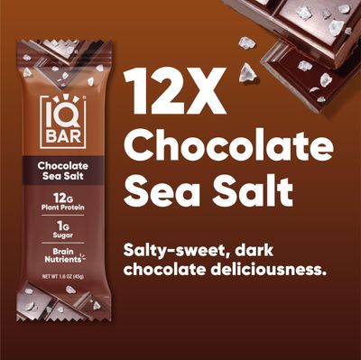 IQBAR Brain and Body Plant Protein Bars - Chocolate Sea Salt - 12 Count, Low Carb, High Fiber, Gluten Free, Vegan Snacks - Low Sugar Keto Energy Bar