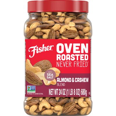 Fisher Oven Roasted Never Fried Almond &amp; Cashew Blend, 24 Ounces (Pack of 1), Snacks for Adults, Made with Sea Salt, No Added Oil, Artificial Ingredients or Preservatives, Trail Mix, Gluten Free