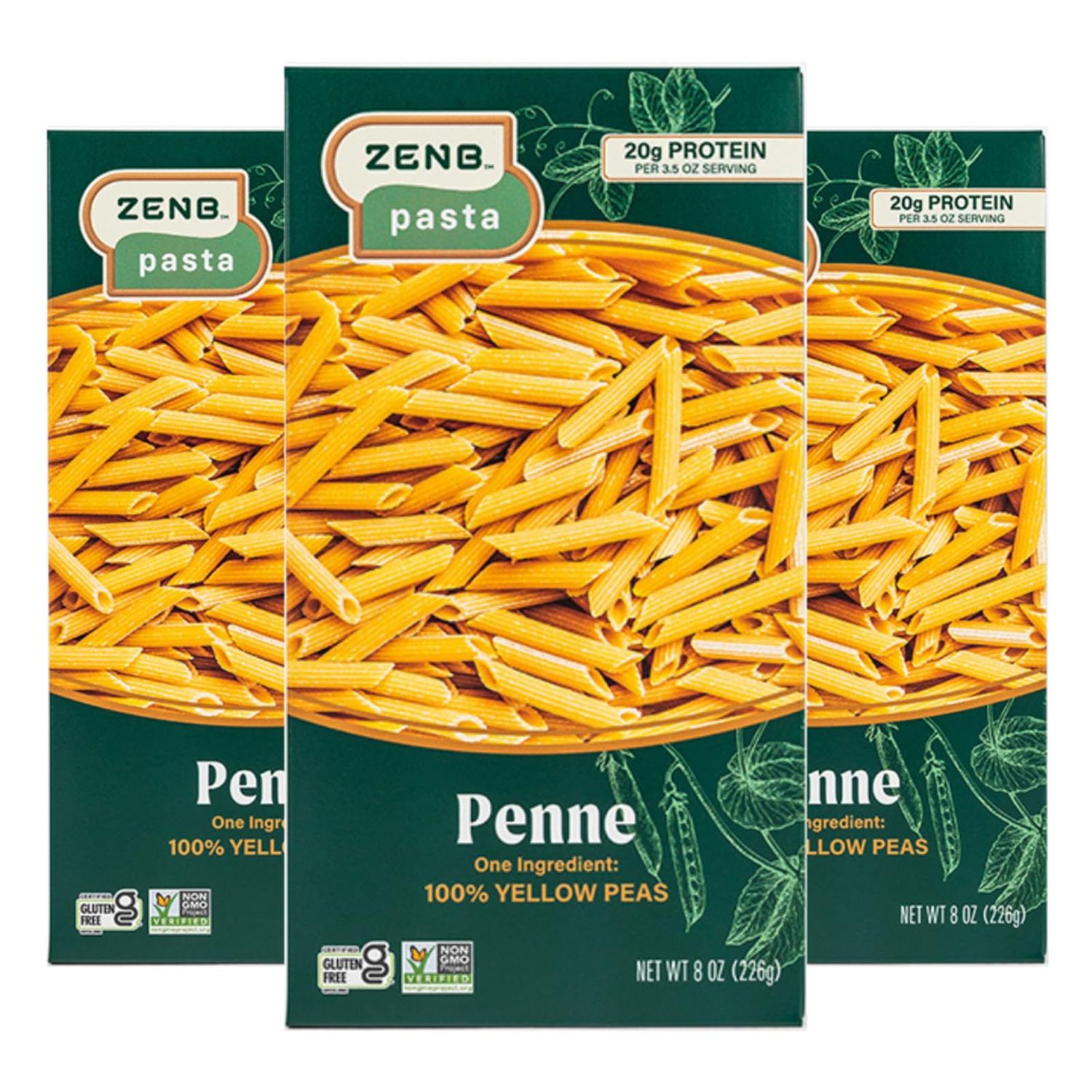 ZENB Plant Based Penne Pasta - Made From 100% Yellow Peas, Gluten Free, Non-GMO &amp; Vegan, 20g Protein &amp; 12g Fiber In Every Serving - (Pack of 3)