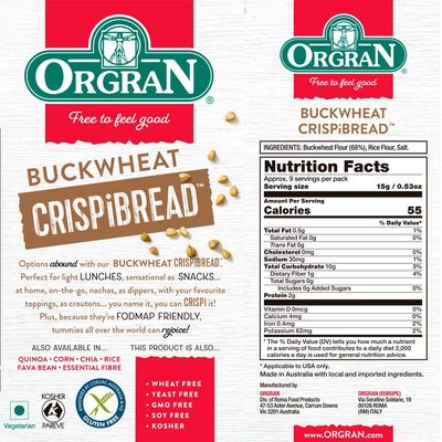 Orgran Gluten Free Toasted Buckwheat Crispibread | Organic Buckwheat Crispbread Vegan friendly made with purity | Egg-Free, Dairy-Free | Low Carb Crisp Bread Suitable for food allergies - Pack of 6