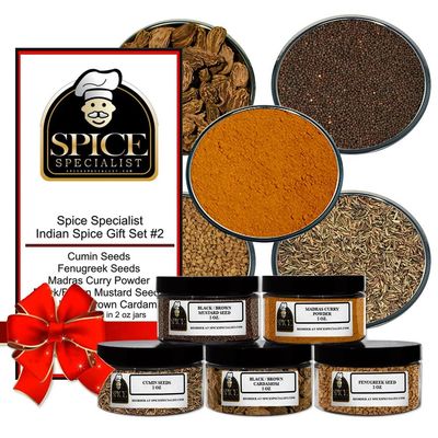 Indian Spice Set #2 - Contains: 5 Plastic Jars (1 each of: Madras Curry Powder, Cumin Seeds, Fenugreek Seeds, Whole Black / Brown Cardamom, Black / Brown Mustard Seeds.)